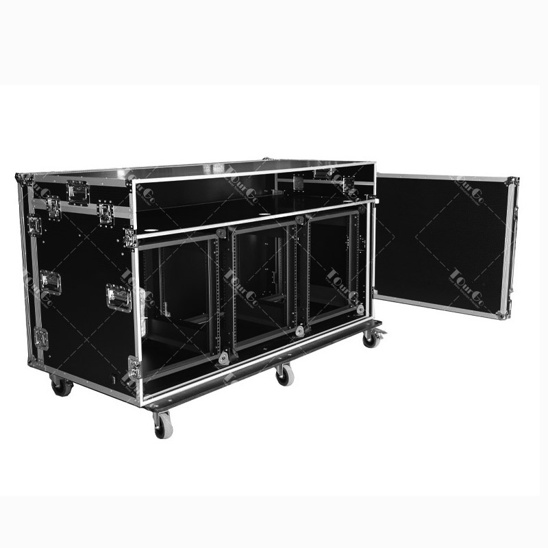 Custom 3 X 12U Shockmount Racks Flight Case With Work Bench and LED Soft Rope Light